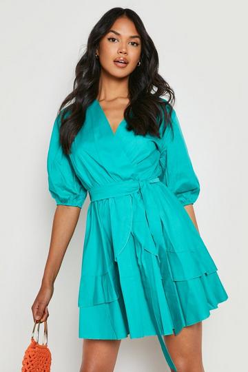 Cotton Ruffle Belted Skater Dress teal
