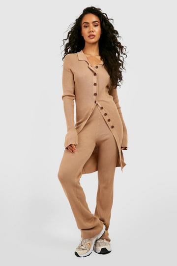 Long Cardigan And Wide Leg Knitted Set camel