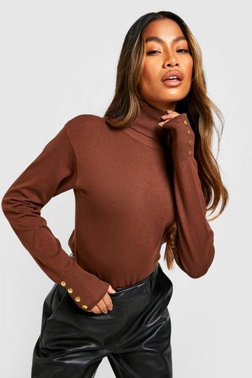 Roll Neck Knitted Jumper With Buttons chocolate
