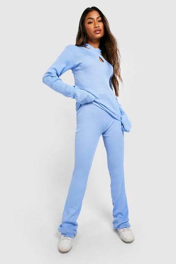 Rib Knit Cut Out Top & Flared Trouser Co-ord cornflower