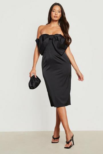 Off The Shoulder Bow Satin Midi Dress black