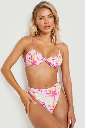 Floral Ruched High Leg Bikini Brief lilac