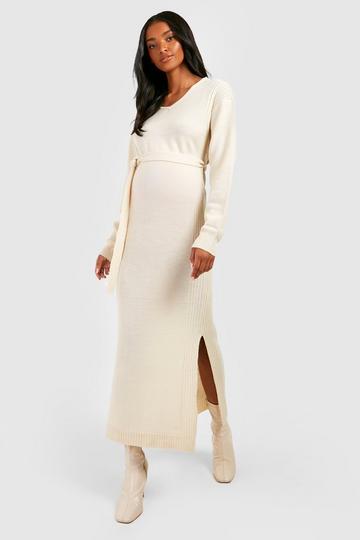 Maternity Knitted Split Midi Dress oatmeal