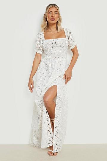 Broderie Shirred Puff Sleeve Maxi Dress white