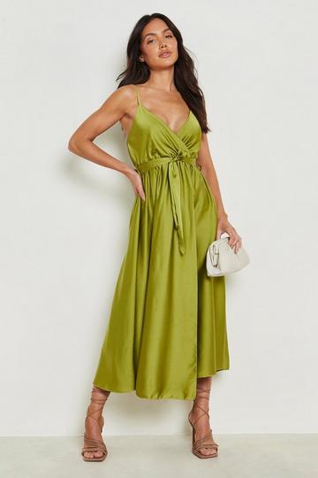 Satin Wrap Self Belted Maxi Dress chartreuse