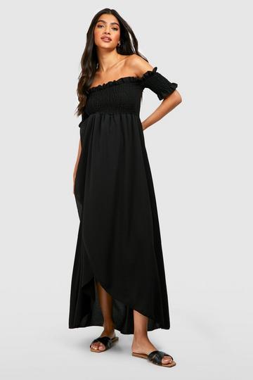 Black Maternity Shirred Off Shoulder Maxi Dress