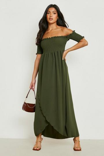 Sage Green Maternity Shirred Off Shoulder Maxi Dress
