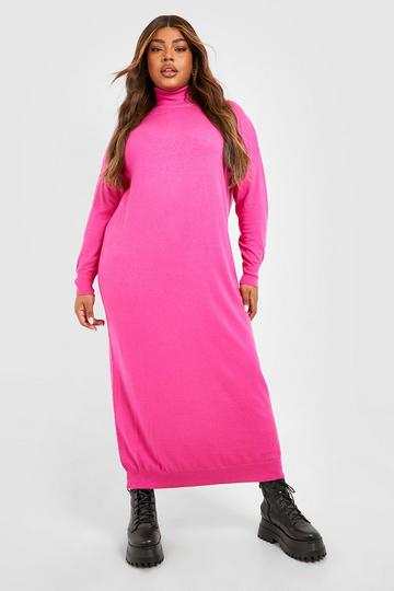 Fuchsia Pink Plus Fine Knit Roll Neck Knitted Midaxi Dress