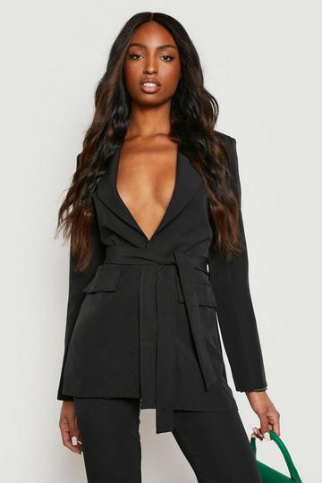 Tall Tie Waist Fitted Tailored Blazer black