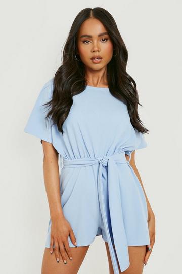 Petite Slash Tie Waist Cape Sleeve Playsuit sky blue