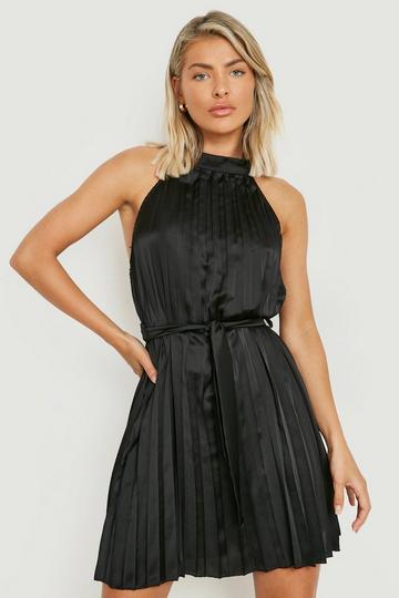 Black Satin Pleated Belted Mini Dress