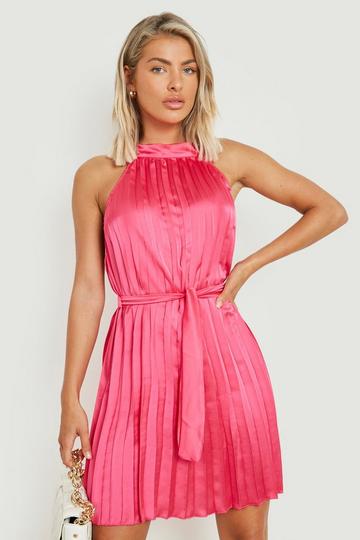 Pink Satin Pleated Belted Mini Dress
