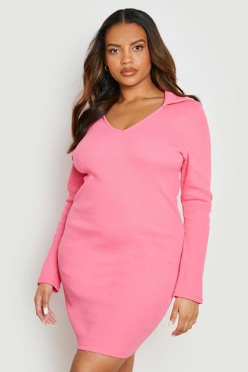 Plus Knitted Rib Polo Dress pink