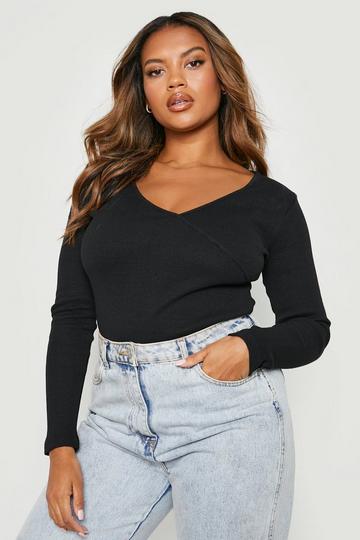 Black Plus Knitted Rib Wrap Front Bodysuit