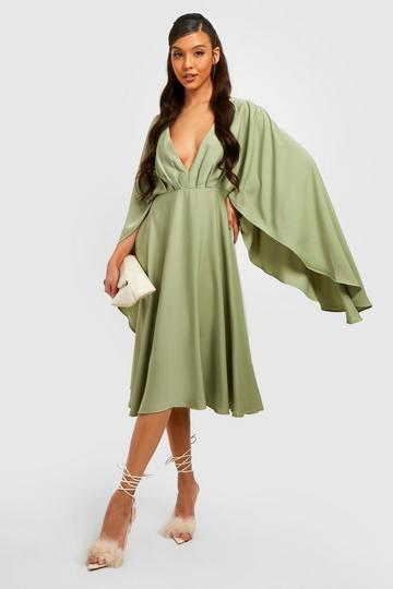 Plunge Batwing Midi Skater Dress olive