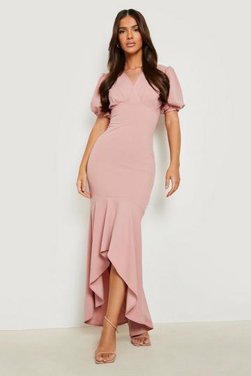 Puff Sleeve Fishtail Maxi Dress blush