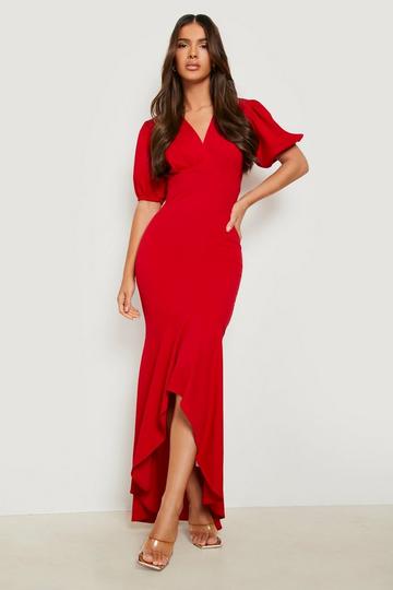 Puff Sleeve Fishtail Maxi Dress red