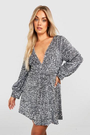 Plus Sequin Ruched Waist Skater Dress silver