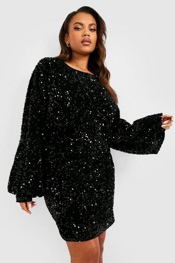 Plus Oversized Blouson Sleeve Sequin Mini Dress black