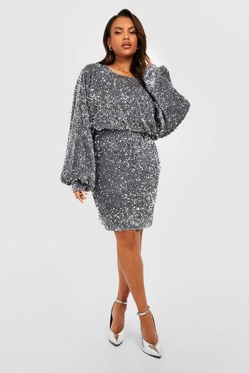 Plus Oversized Blouson Sleeve Sequin Mini Dress silver
