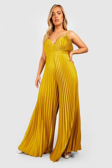 Yellow Plus Pleated Satin Strappy Wide Leg Jumpsuit