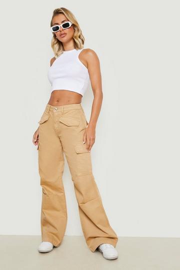 Beige Low Rise Baggy Cargo Jeans