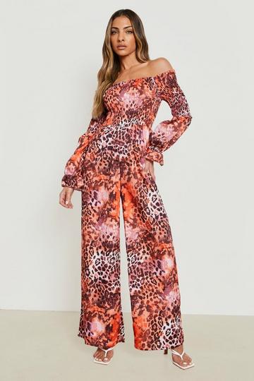 Animal Print Bardot Wide Leg Jumpsuit rust