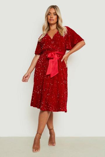 Red Plus Velvet Sequin Tie Belt Skater Dress