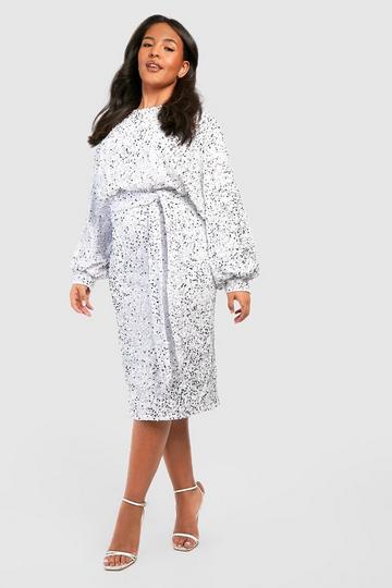 White Plus Velvet Sequin Blouson Belted Midi Dress