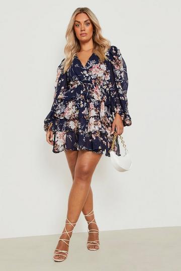 Plus Floral Chiffon Tiered Frill Skater Dress navy