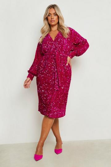 Plus Velvet Sequin Wrap Midi Dress hot pink