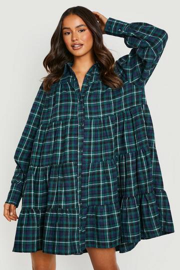 Flannel Ruffle Hem Oversized Shirt Dress khaki