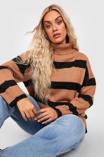 Camel Beige Plus Stripe Oversized Knitted Sweater
