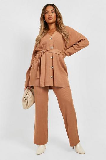 Plus Knitted Cardigan & Wide Leg Two-Piece camel