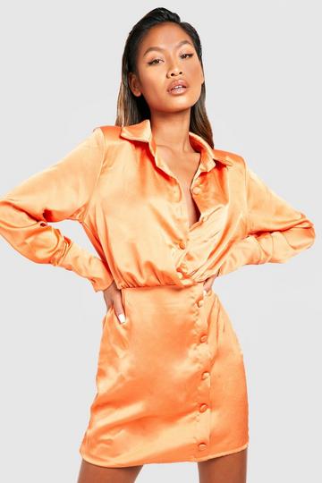 Button Detail Satin Shirt Dress orange