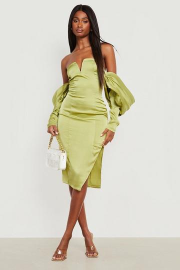 Off The Shoulder Satin Ruched Midi Dress lime