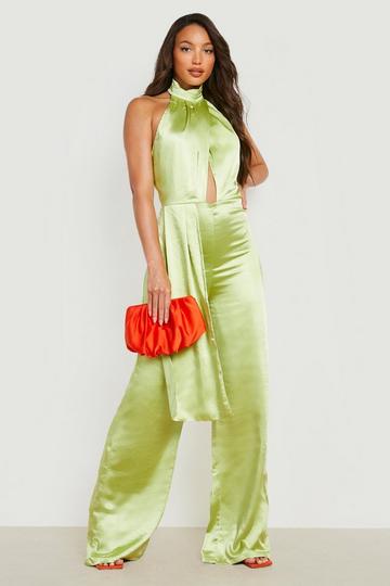 Green Tall Satin Halterneck Wide Leg Jumpsuit