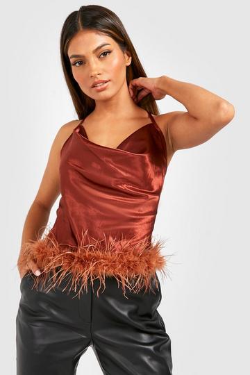 Satin Cowl Front Feather Hem Top brown
