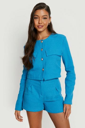 Boucle Button Detail Cropped Blazer azure