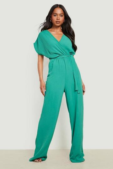 Green Petite Plisse Batwing Belted Jumpsuit