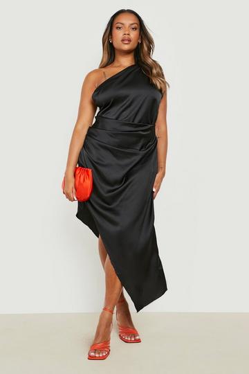 Black Plus Satin One Shoulder Ruched Midi Dress