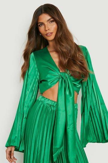 Green Satin Pleated Sleeve Knot Front Crop