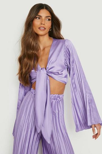 Lilac Purple Satin Pleated Sleeve Tie Front Crop