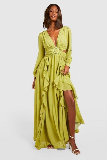 Chiffon Ruffle Plunge Maxi Dress chartreuse