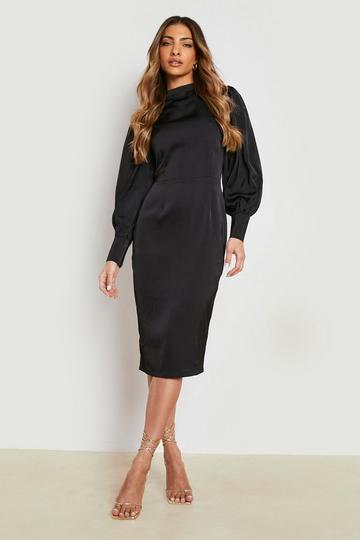 Satin High Neck Blouson Sleeve Midi Dress black