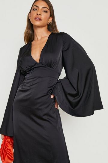 Satin Open Back Flare Sleeve Maxi Dress black