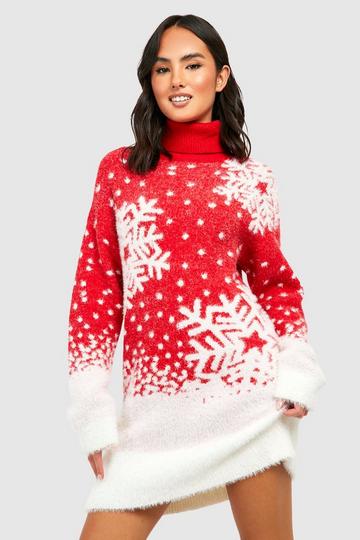 Snowflake Fully Knit Roll Neck Jumper Dress red
