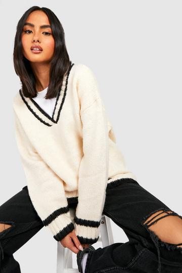 Cream White Deep V Knitted Cricket Sweater