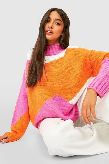 Colour Block Crew Neck Knitted Jumper pink