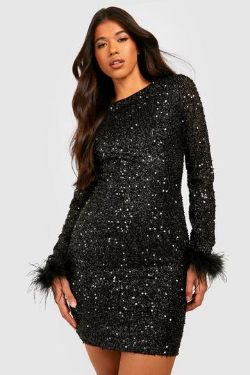Tall Sequin Feather Cuff Bodycon Dress black